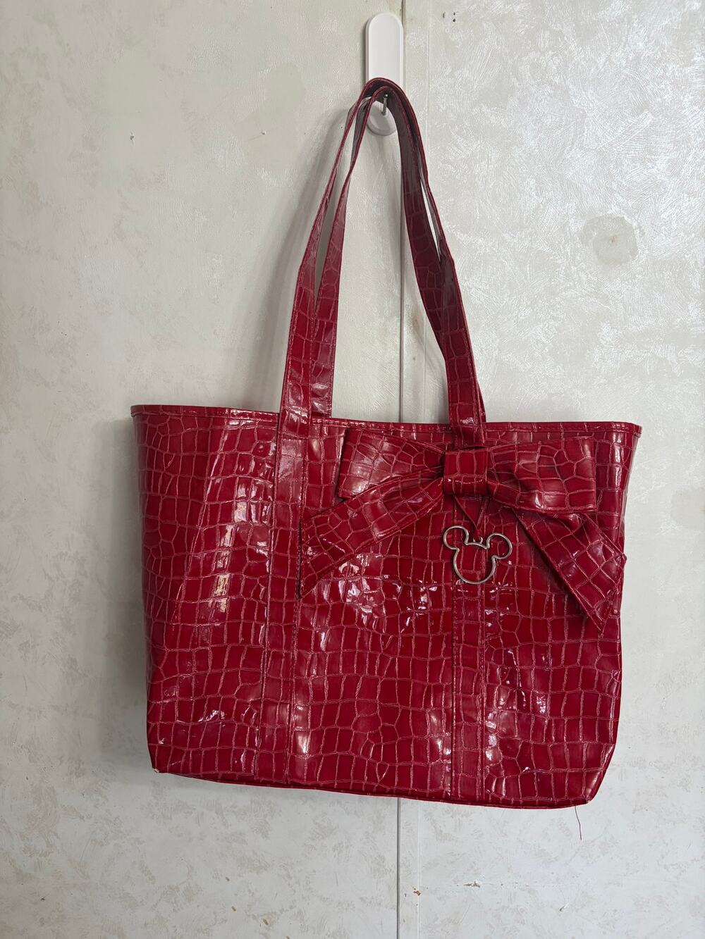 Disney Parks Red Faux-Crocodile Tote Bag Mickey Mouse Charm Bow Coquette Retro